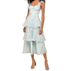 LULUS Tiered Bow-Shoulder Midi‎ Dress Polyester Cotton Floral Mint Green S